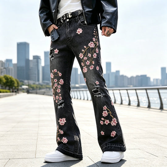Damen Modische Flared Jeans mit Blumenstickerei Shop Nory