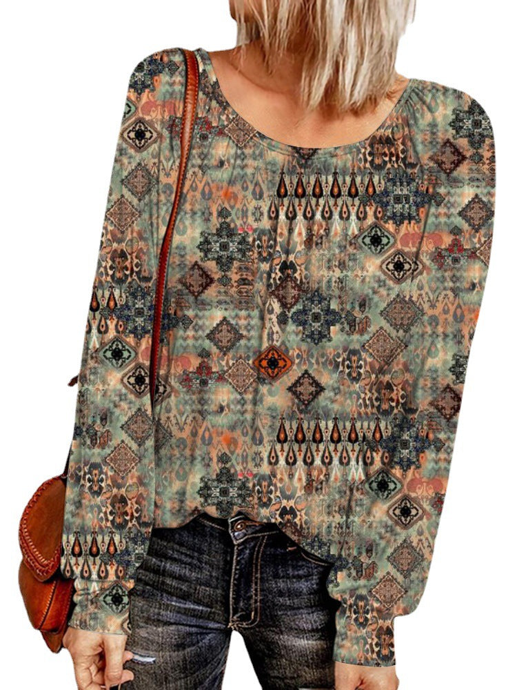 Damen Ethno-Print Oversize-Tunika mit Rundhalsausschnitt und langen Ballonärmeln Shop Nory