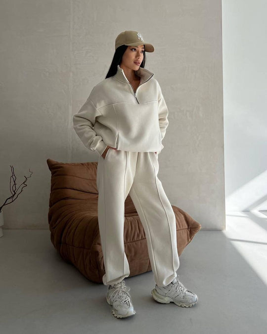 Damen Weiches Oversized Lounge-Set mit Troyer-Kragen, Eingrifftaschen und schmeichelhafter High-Waist Hose Shop Nory