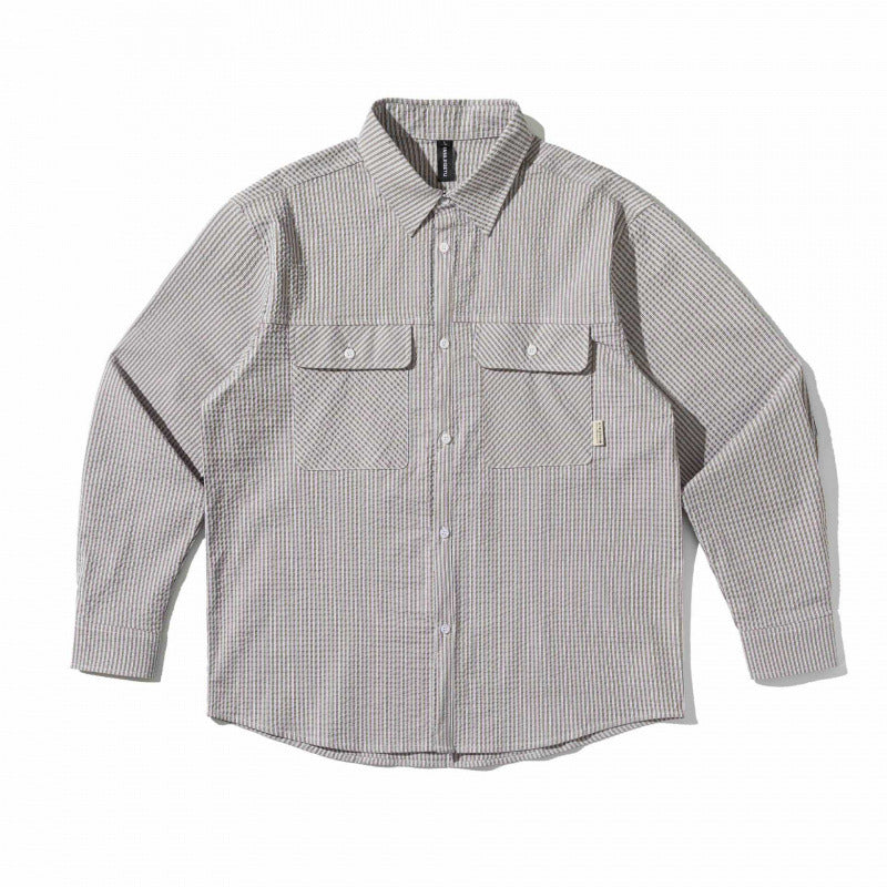 Unisex Boxy-Overshirt im Seersucker‑Look mit doppelten Brustklappen und Hemdkragen Shop Nory