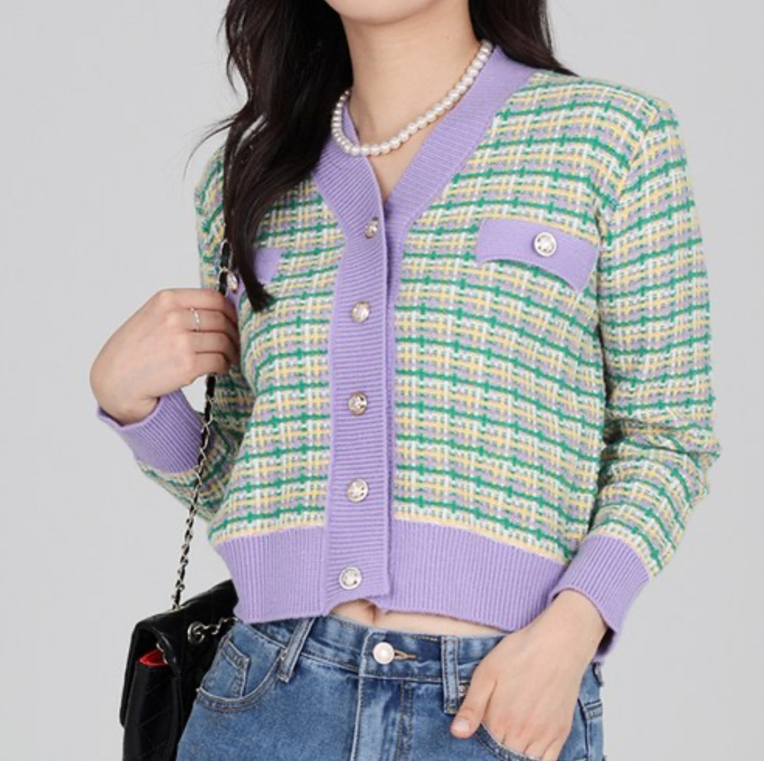 Damen Tweed-Strickcardigan mit V-Ausschnitt und Zierknopfleiste Shop Nory