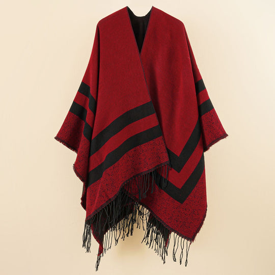 Damen Oversize-Ruana aus Wollmix mit kontrastierten Querstreifen und Fransensaum Shop Nory