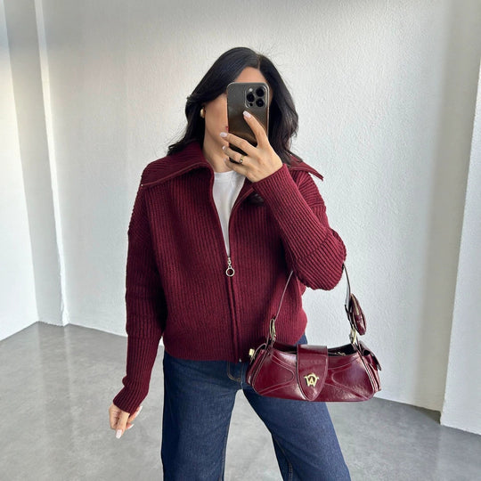 Damen Oversize Strickjacke mit Reißverschluss und hohem Kragen Shop Nory