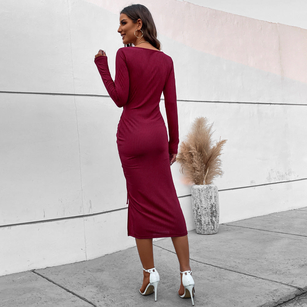 Damen gerafftes Midikleid mit quadratischem Ausschnitt, Knopfleiste und seitlicher Tunnelzug-Schnürung Shop Nory