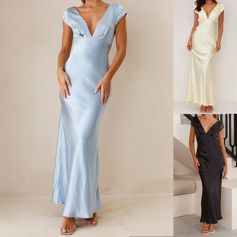 Damen Elegantes Maxikleid mit tiefem V-Ausschnitt und fließendem Satinmaterial