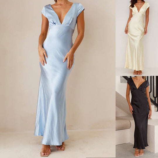 Damen Elegantes Maxikleid mit tiefem V-Ausschnitt und fließendem Satinmaterial