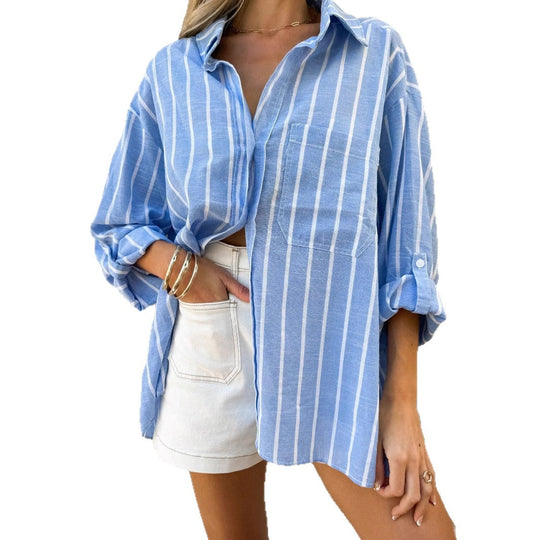 Damen Oversized Streifen-Leinenoptik Hemdbluse mit Brusttasche Shop Nory