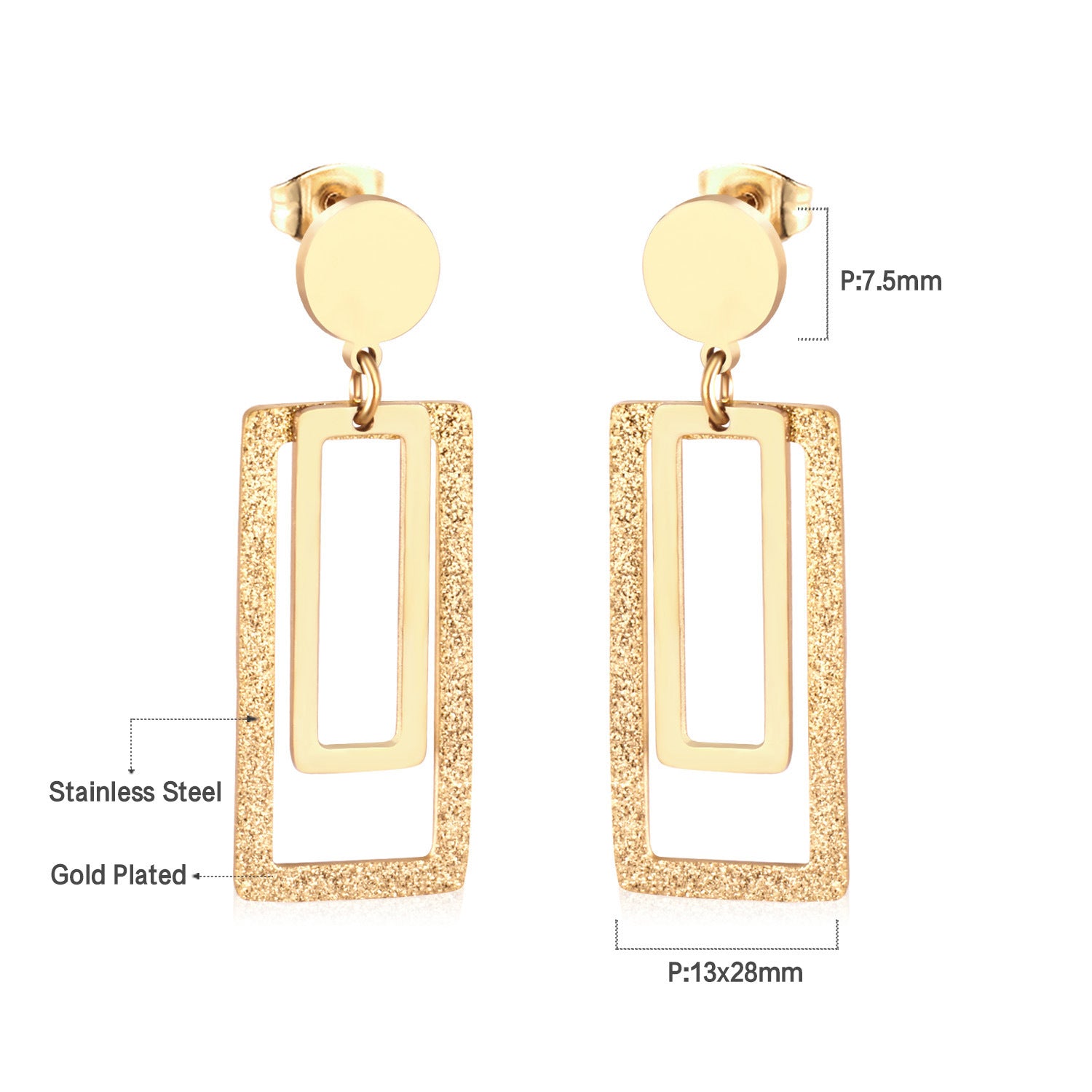 Damen Ohrringe mit elegantem, doppellagigem Rechteckdesign aus Edelstahl und goldplattierter Oberfläche Shop Nory