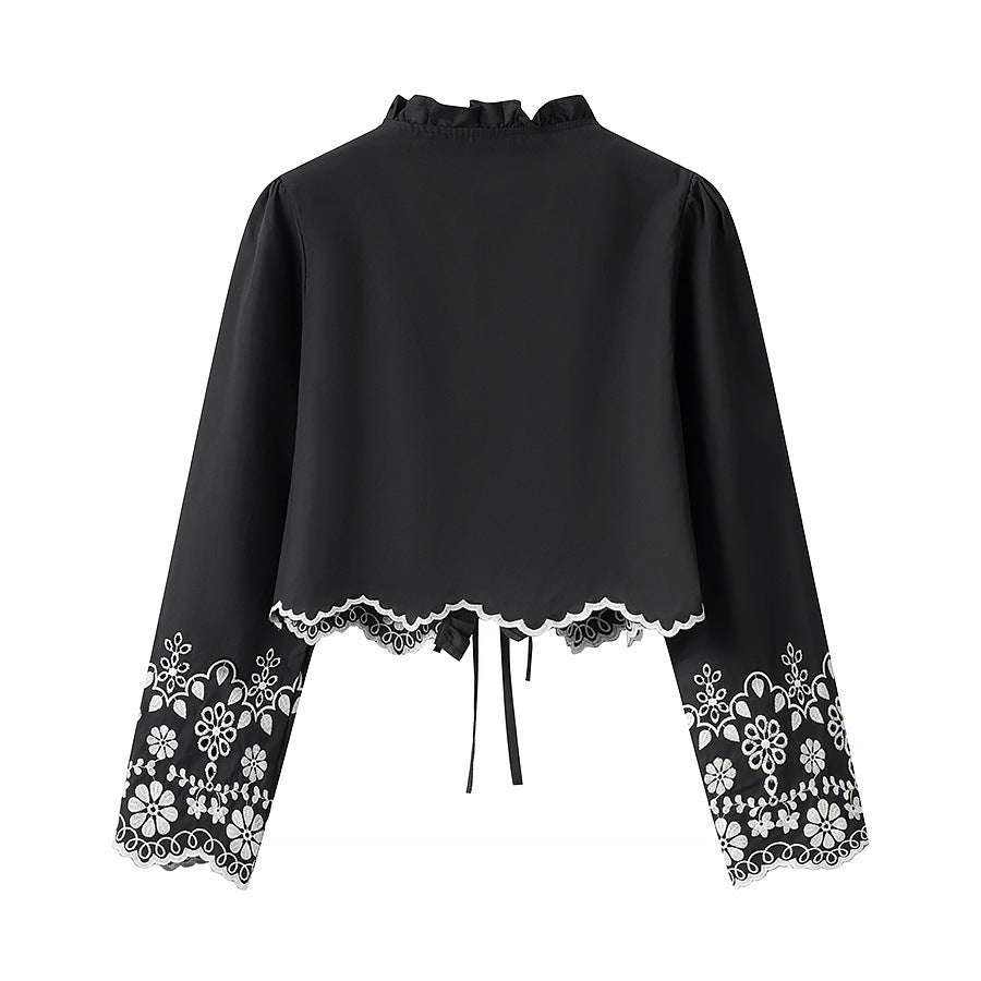 Damen Besticktes Kurzbolero mit Rüschen-V-Ausschnitt und Schnürverschluss Shop Nory