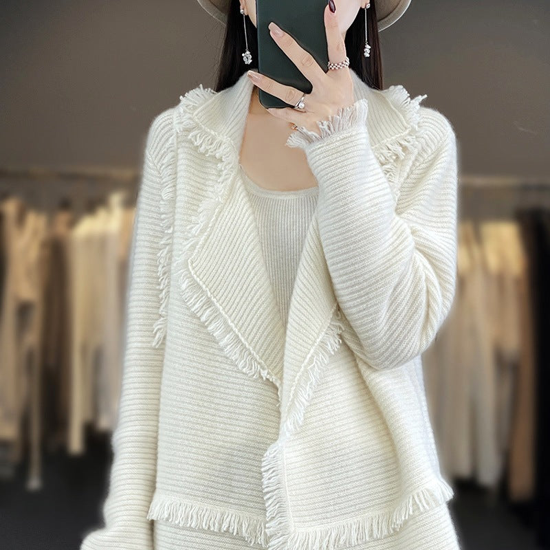 Damen Langer Fransen‑Strickcardigan mit großem Schalkragen und feiner Rippenstruktur Shop Nory