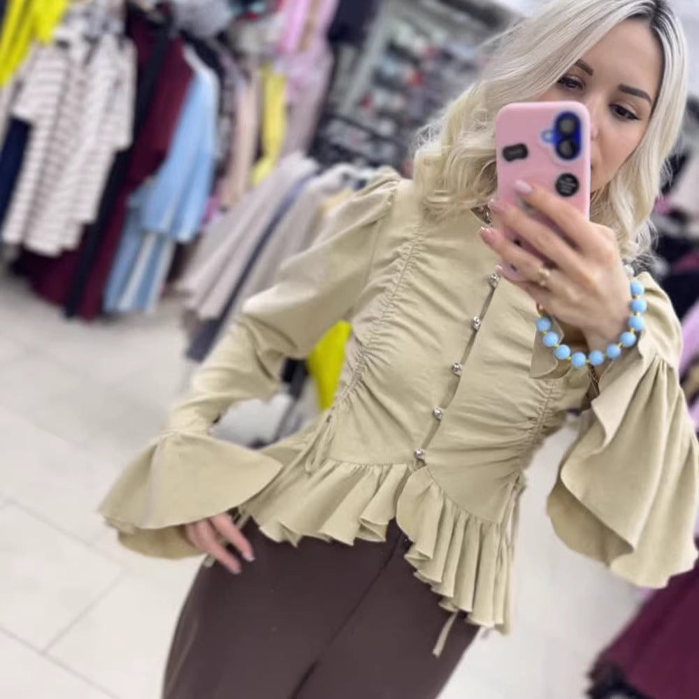 Damen Rüschenbesetzte taillierte Bluse mit Schößchen & Puffärmeln Shop Nory