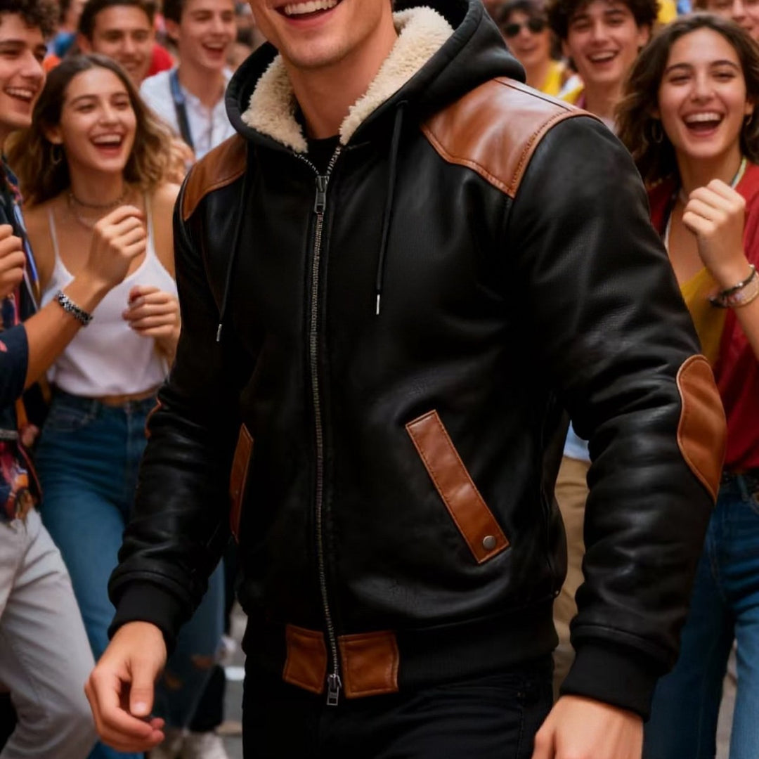Herren nan gefütterte Bomberjacke mit Kapuze, Teddyfutter und Kontrastbesätzen Shop Nory