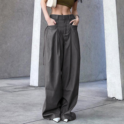Damen nan hochtaillierte weite Bundfaltenhose mit Cargo‑Details, Gürtelschlaufen und geradem Beinschnitt Shop Nory