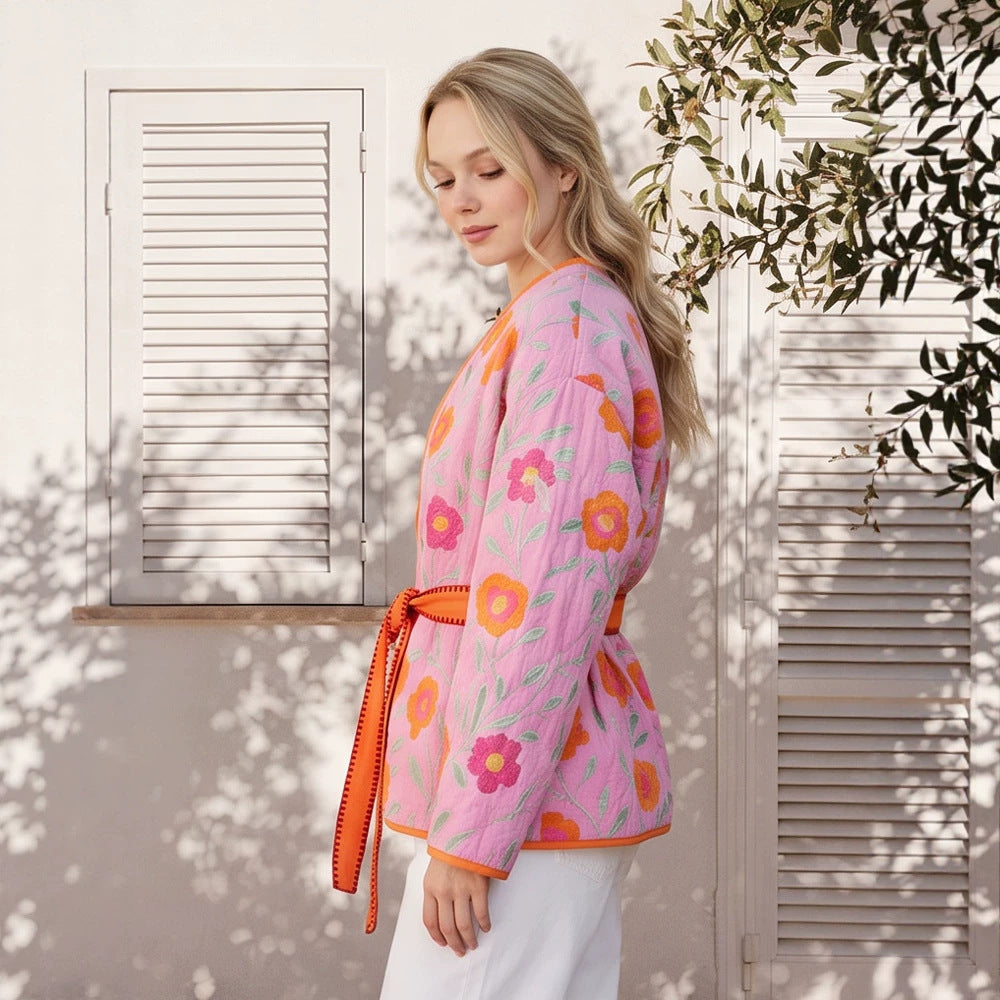 Damen Gestepptes Blumen-Kimono mit Bindegürtel Shop Nory