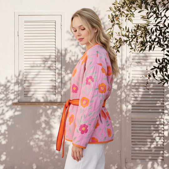 Damen Gestepptes Blumen-Kimono mit Bindegürtel Shop Nory