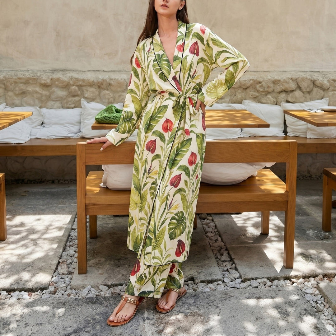 Damen Langer Kimono-Mantel mit Taillengürtel und weiter Palazzo-Hose im Tropenprint Shop Nory