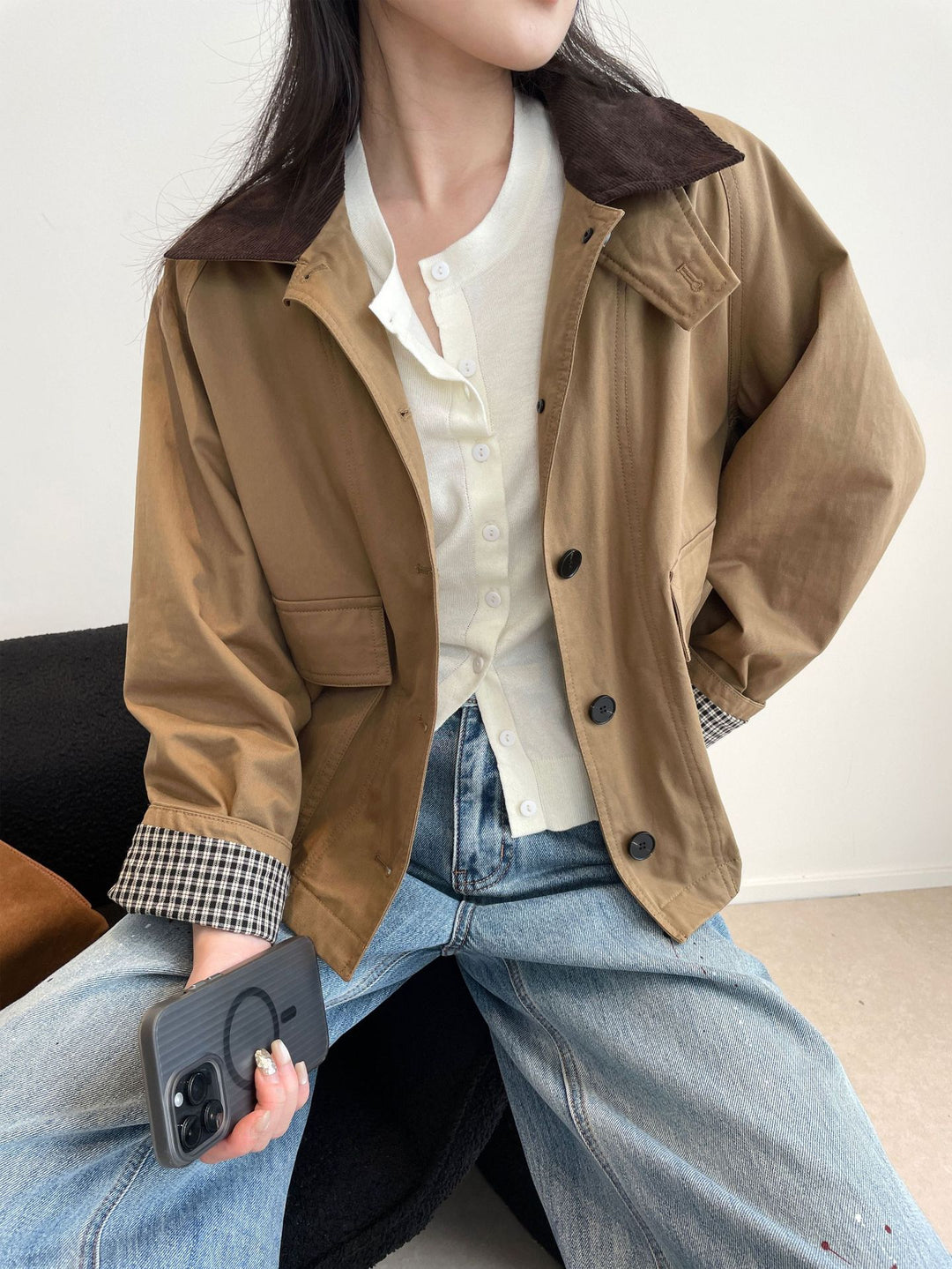Damen Kurzjacke im Worker-Stil mit Cordkragen und aufgesetzten Pattentaschen Shop Nory