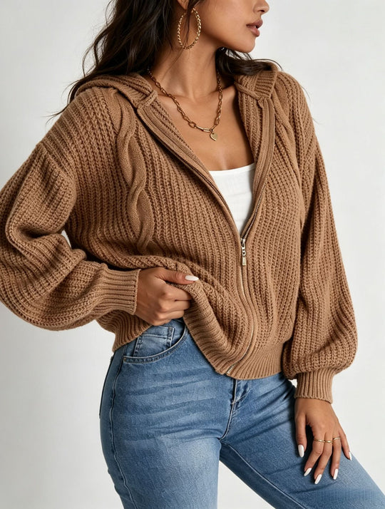Damen Kapuzen-Cardigan im Grobstrick mit Zopfmuster und Reißverschluss Shop Nory