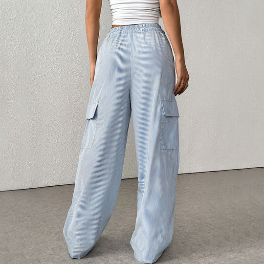 Damen Gestreifte weite Cargo-Hose mit hohem Gummibund und Tunnelzug Shop Nory