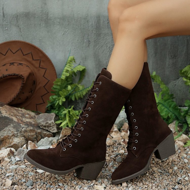 Damen Elegante Schnürstiefel aus Veloursoptik mit mittelhohem Schaft und komfortablem Blockabsatz Shop Nory
