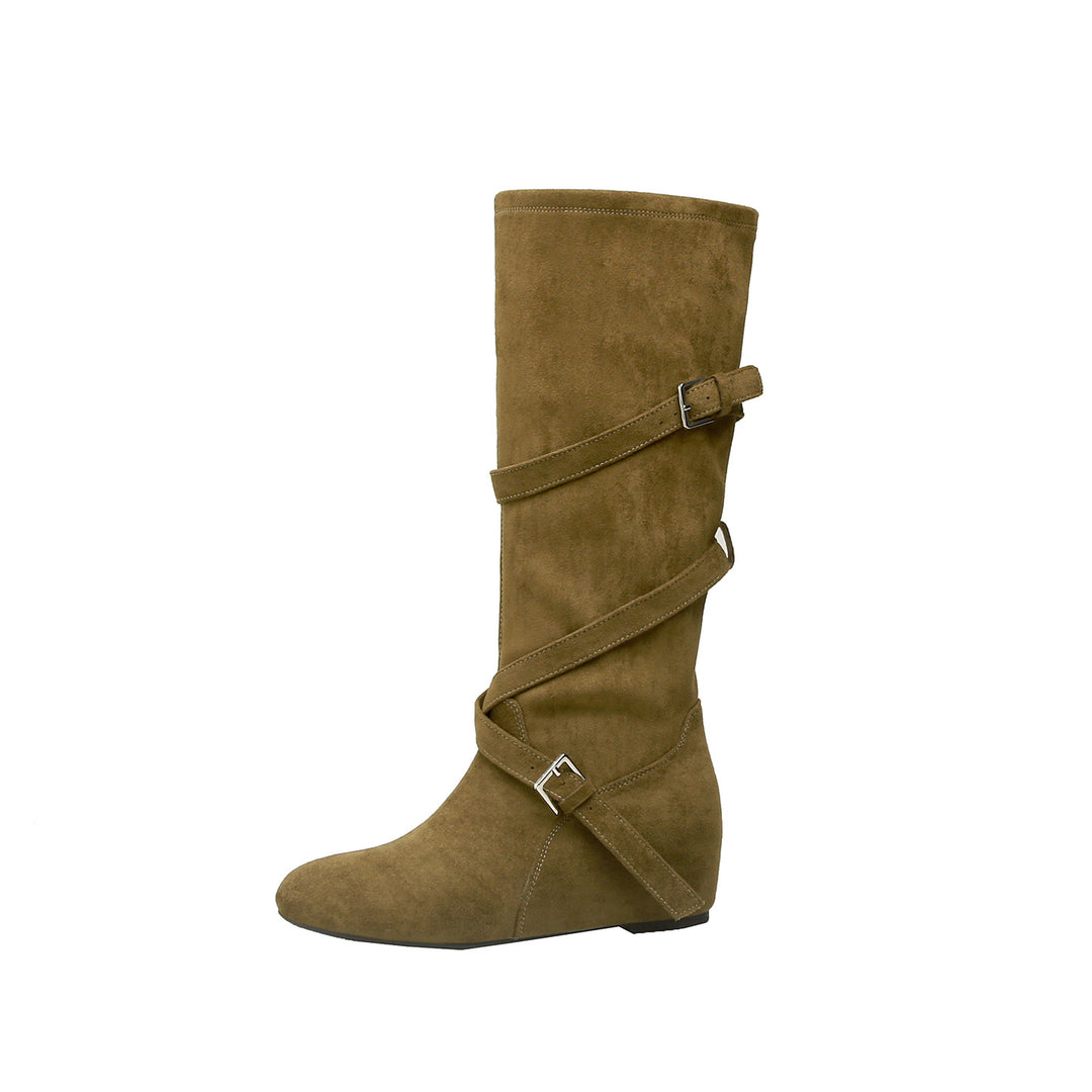 Damen Kniehohe Velourslederstiefel mit Wickelriemen und flachem Keilabsatz Shop Nory