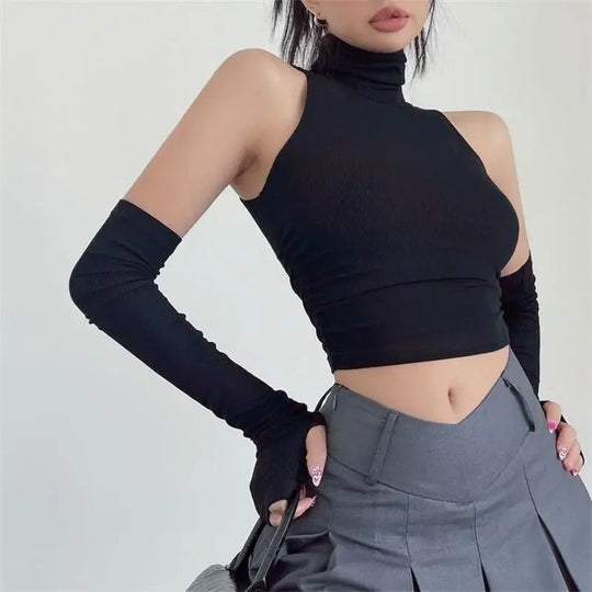 Damen Langarm Crop-Top mit Stehkragen und figurbetontem Schnitt