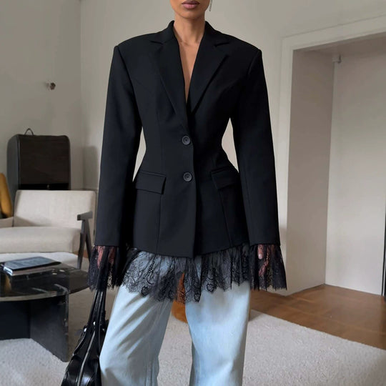 Damen Taillierter Blazer mit Spitzenborte am Saum und Manschetten Shop Nory