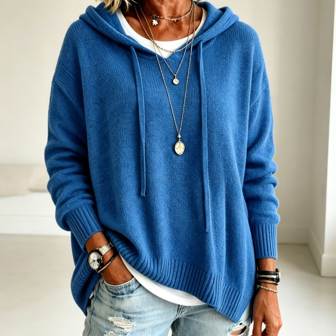Damen Oversize Kapuzenpullover aus weichem Feinstrick mit Zier‑V‑Ausschnitt Shop Nory