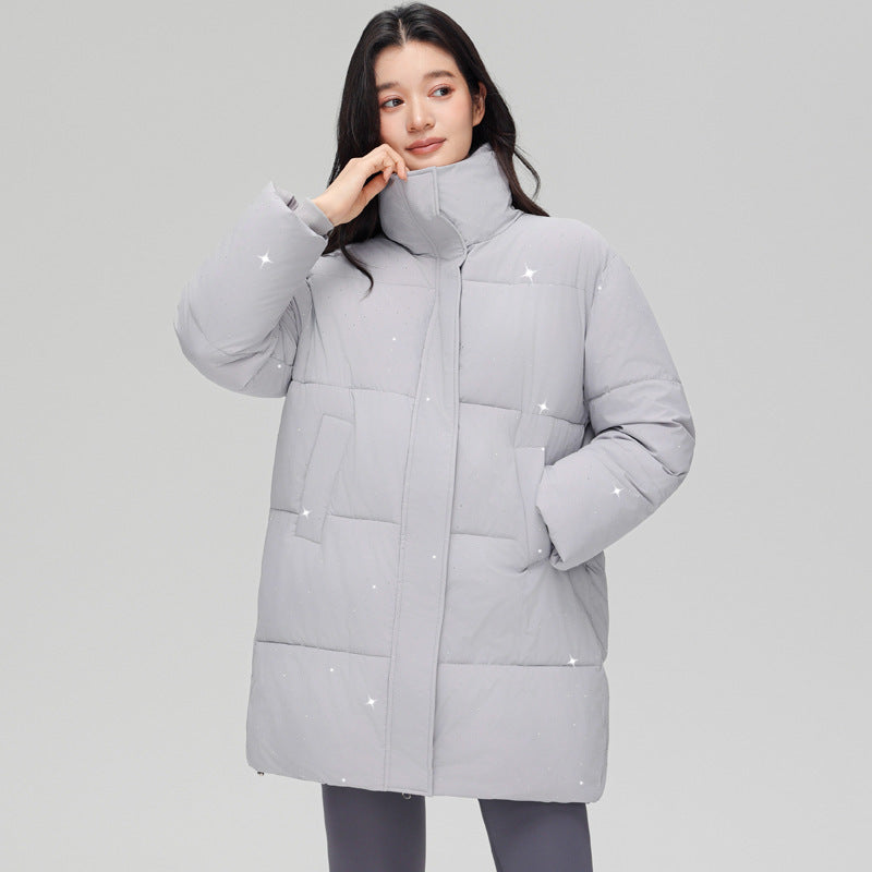 Damen nan mittellanger gesteppter Kurzmantel mit hohem Stehkragen, dezenter Glitzersteppung und leichter Thermoisolierung Shop Nory