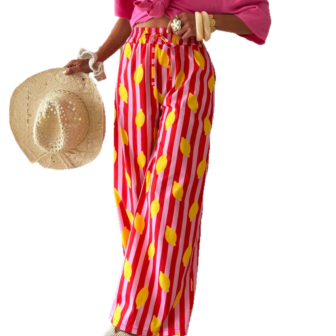 Damen Weite High‑Waist Sommerhose mit Gummibund, Kordelzug und fröhlichem Zitronen‑Print Shop Nory