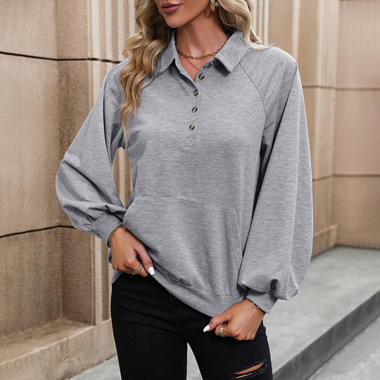 Damen Pullover-Sweatshirt mit Polo-Kragen, Raglan‑Ballonärmeln und Kängurutasche Shop Nory