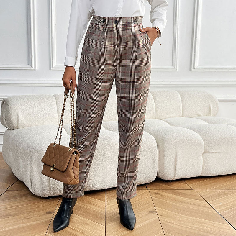 Damen Karierte hochtaillierte Bundfalten-Hose mit geradem Bein Shop Nory