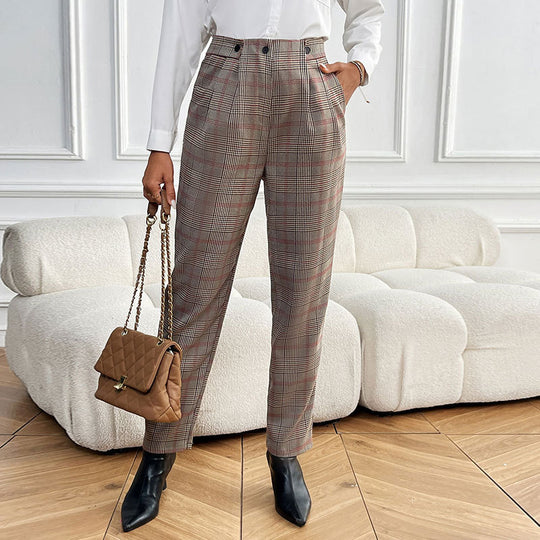 Damen Karierte hochtaillierte Bundfalten-Hose mit geradem Bein Shop Nory