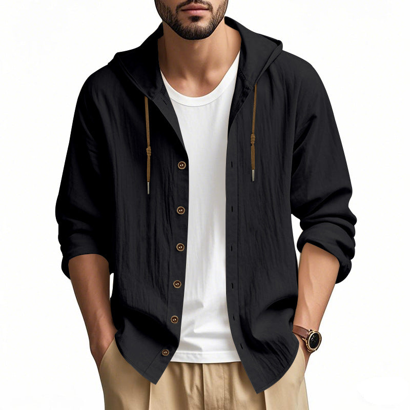Herren nan leichtes Kapuzenhemdjacke aus Leinenoptik mit durchgehender Knopfleiste