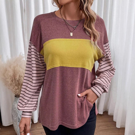 Damen Lockeres Colorblock-Sweatshirt mit gestreiften Ärmeln und Rundhalsausschnitt Shop Nory