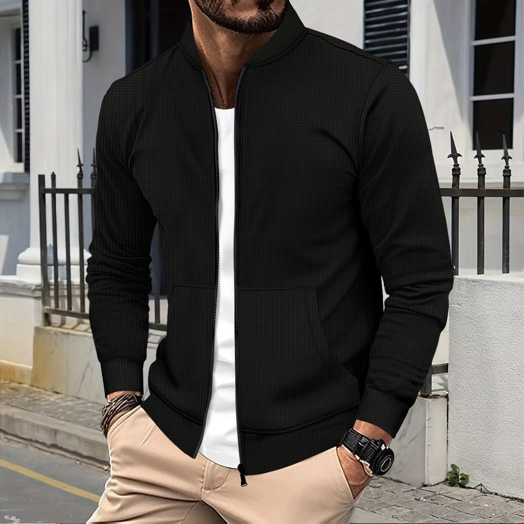 Zip Jacke Sportliche Passform Strukturierter Stoff Rippkanten Fronttaschen