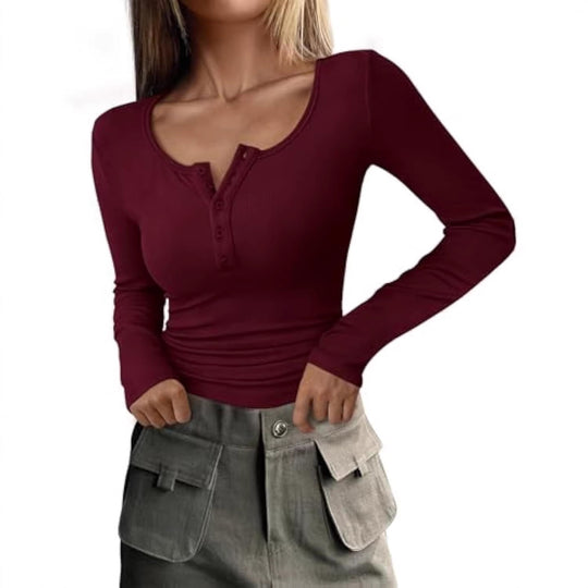 Damen Langärmeliges Rippshirt mit Henley-Knopfleiste und taillierter Passform Shop Nory