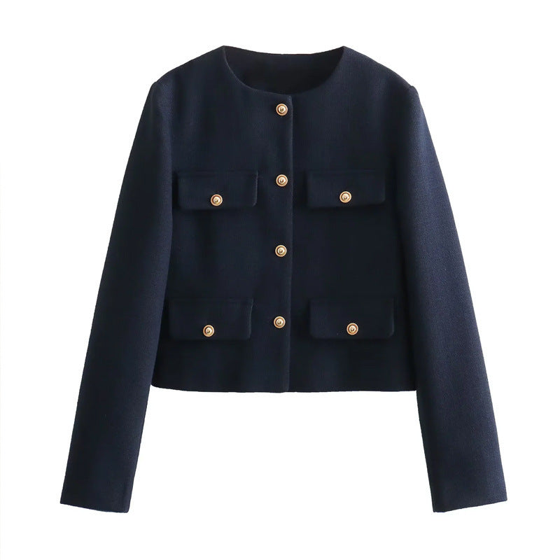 Damen Modische Kurzjacke mit dekorativen Knöpfen und praktischen Taschen