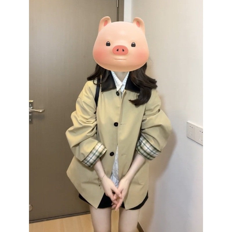 Damen Kurzer Swing-Trench mit Kontrastkragen, Ballonärmeln und kariertem Futter Shop Nory
