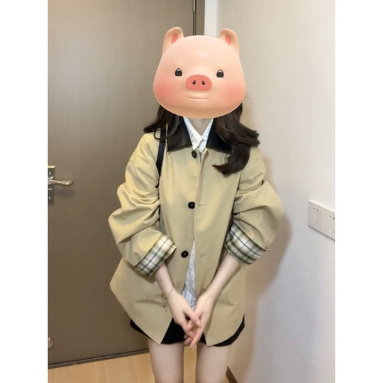 Damen Kurzer Swing-Trench mit Kontrastkragen, Ballonärmeln und kariertem Futter Shop Nory