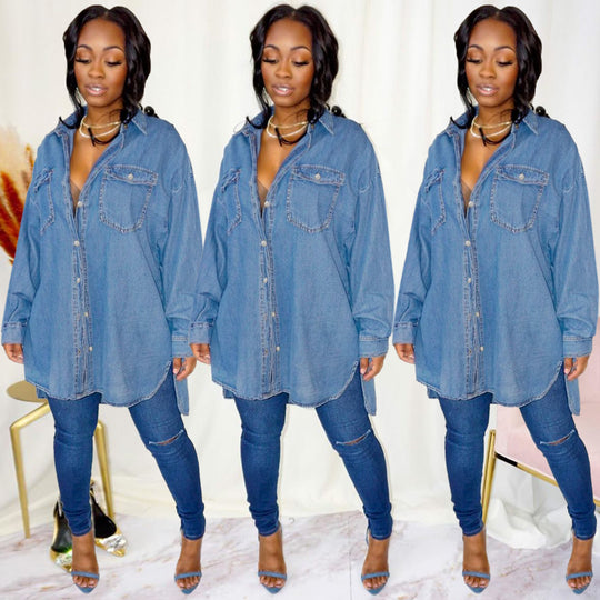 Damen Oversized Denim-Hemdjacke mit Pattentaschen und verlängertem Schnitt Shop Nory