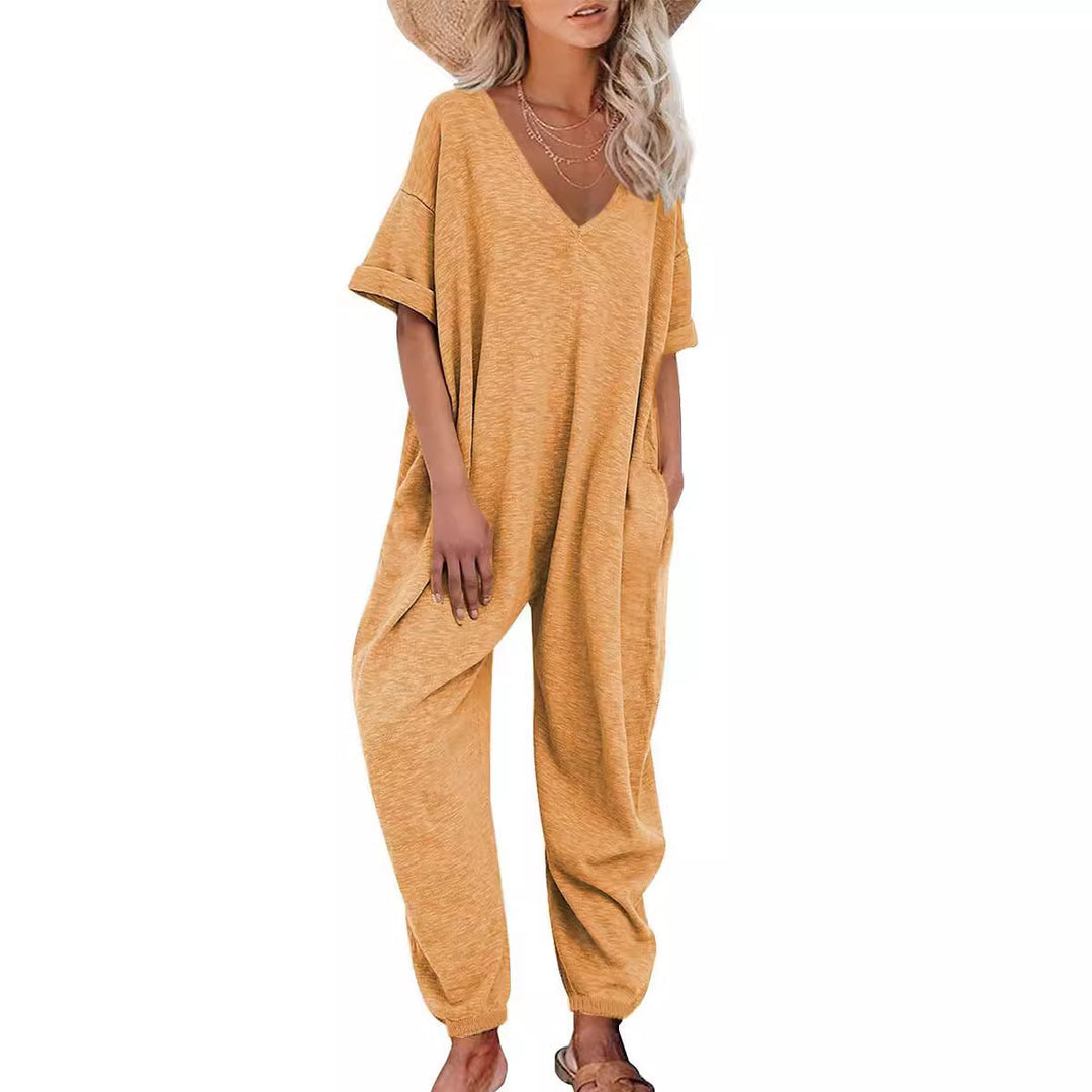 Damen Oversized Jumpsuit mit tiefem V-Ausschnitt und lässigen Taschen
