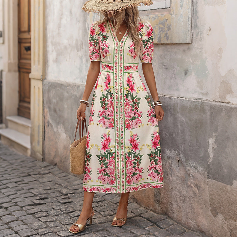 Damen Elegantes Blumenkleid mit kurzen Ärmeln Shop Nory