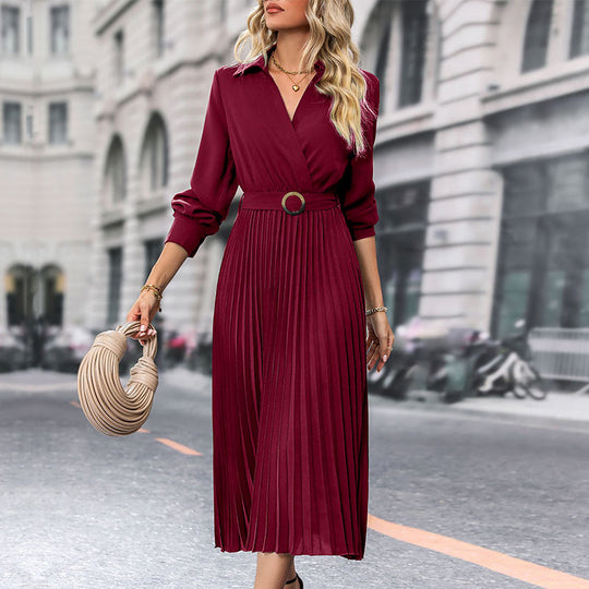 Damen Plissiertes Wickel-Midikleid mit Hemdkragen, Taillengürtel und langen Manschettenärmeln Shop Nory