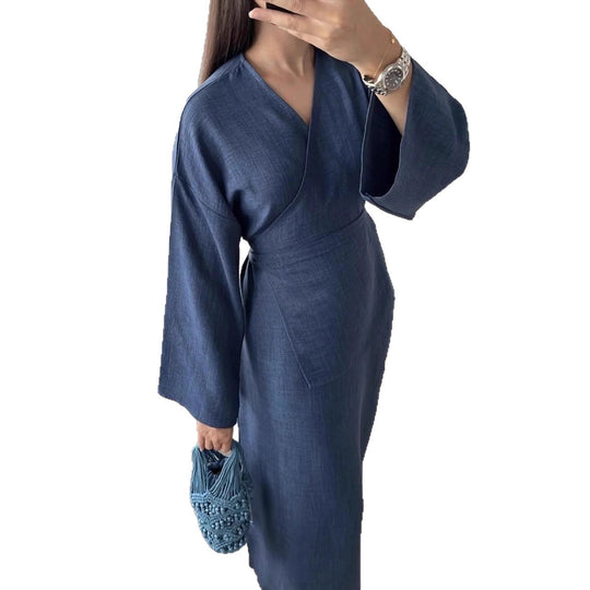 Damen Wickelmaxikleid in Leinenoptik mit Kimonoärmeln und Taillenbund Shop Nory