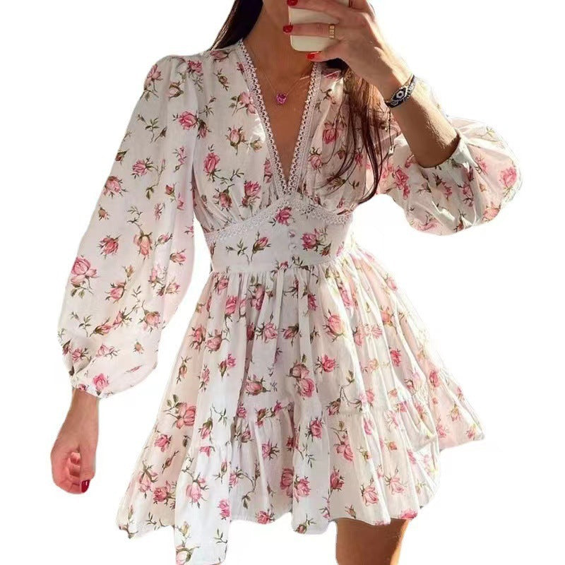 Damen Boho-florales Minikleid mit V-Ausschnitt und Puffärmeln Shop Nory