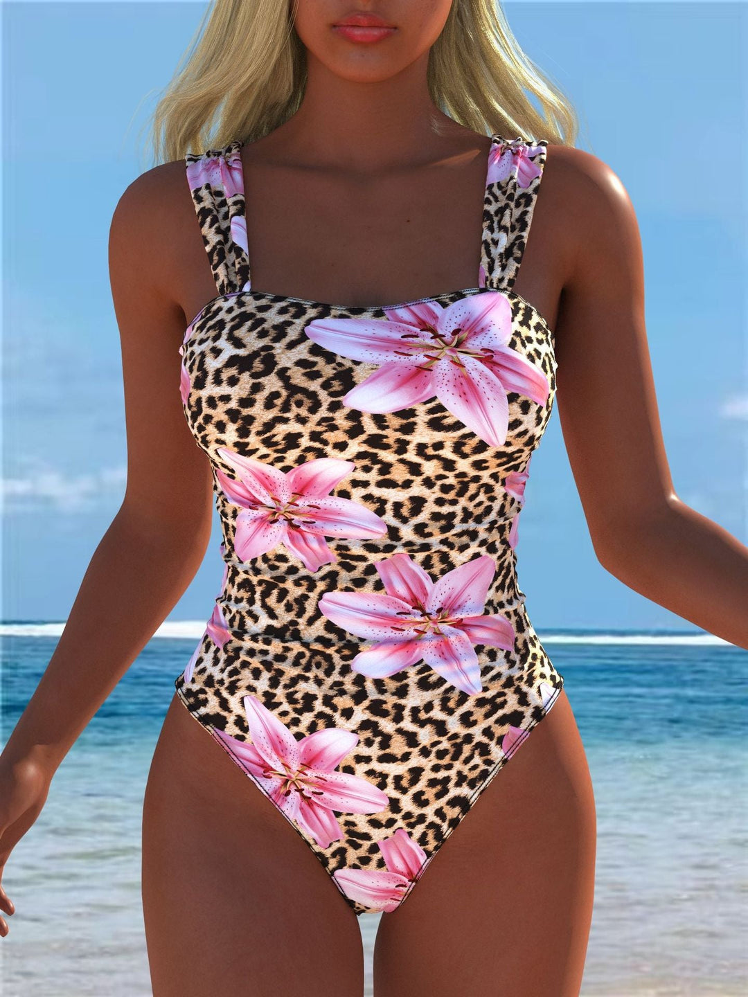 Damen einteiliger Badeanzug mit floraler und tierischer Musterkombination Shopnory