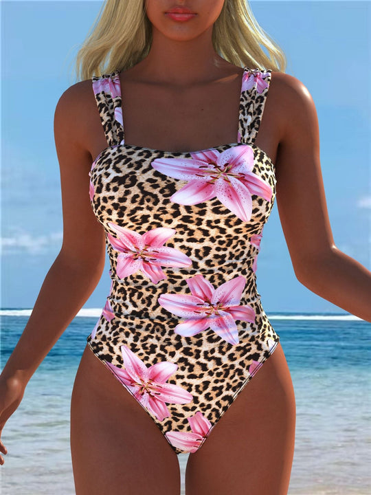 Damen einteiliger Badeanzug mit floraler und tierischer Musterkombination Shopnory