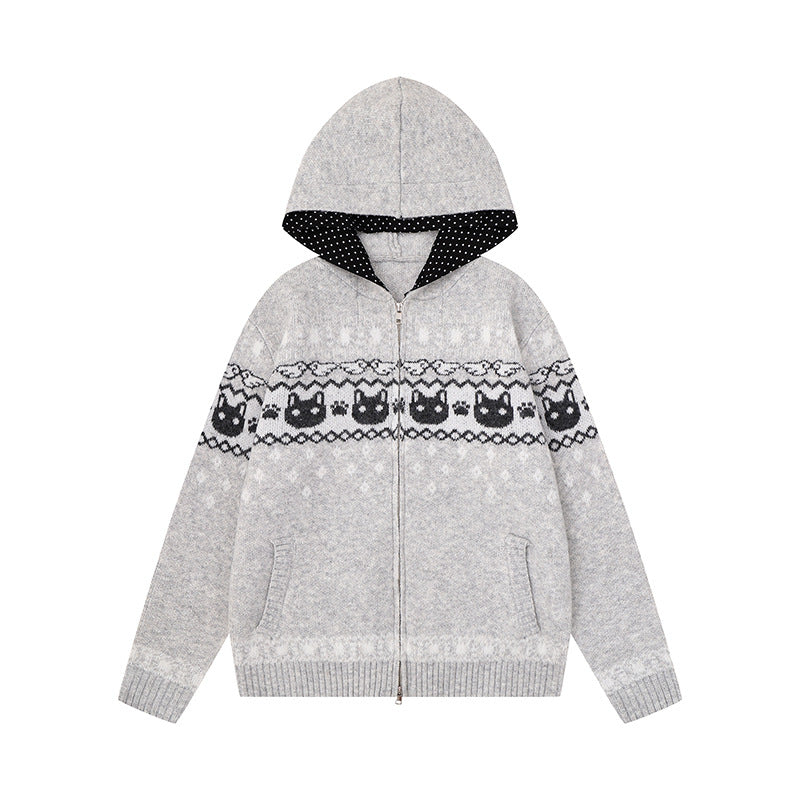 Damen Kapuzen-Strickjacke mit Norwegermuster, zweifachem Reißverschluss und Kängurutaschen Shop Nory