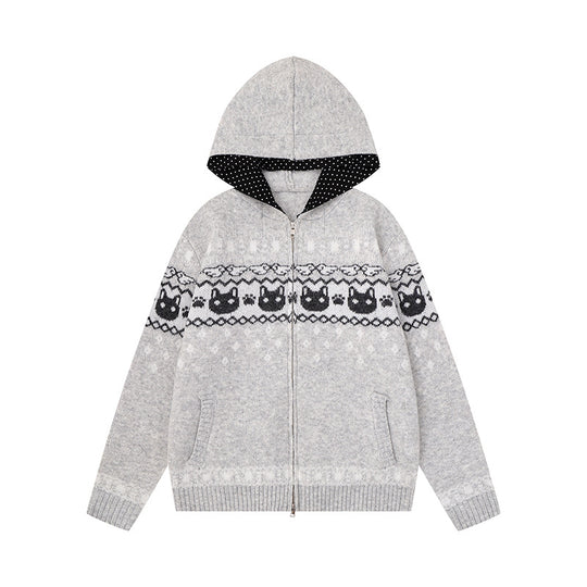 Damen Kapuzen-Strickjacke mit Norwegermuster, zweifachem Reißverschluss und Kängurutaschen Shop Nory